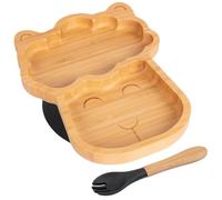 Tiny Dining Baby Fork & Plate with Suction Cup - Llama - 2pc - Black - Divided Non-Slip Bamboo Self-Feeding Weaning Plate & Cutlery for Babies, Toddlers, Children