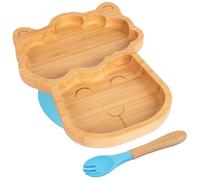Tiny Dining Baby Fork & Plate with Suction Cup - Llama - 2pc - Blue - Divided Non-Slip Bamboo Self-Feeding Weaning Plate & Cutlery for Babies, Toddlers, Children