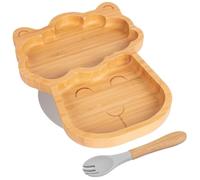Tiny Dining Baby Fork & Plate with Suction Cup - Llama - 2pc - Grey - Divided Non-Slip Bamboo Self-Feeding Weaning Plate & Cutlery for Babies, Toddlers, Children