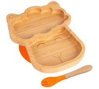 Tiny Dining Baby Fork & Plate with Suction Cup - Llama - 2pc - Orange - Divided Non-Slip Bamboo Self-Feeding Weaning Plate & Cutlery for Babies, Toddlers, Children