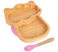 Tiny Dining Baby Fork & Plate with Suction Cup - Llama - 2pc - Pink - Divided Non-Slip Bamboo Self-Feeding Weaning Plate & Cutlery for Babies, Toddlers, Children