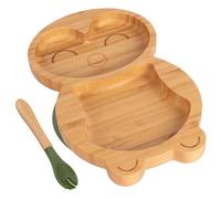 Tiny Dining Baby Fork & Plate with Suction Cup - Penguin - 2pc - Olive Green - Divided Non-Slip Bamboo Self-Feeding Weaning Plate & Cutlery for Babies, Toddlers, Children