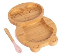 Tiny Dining Baby Fork & Plate with Suction Cup - Penguin - 2pc - Pastel Pink - Divided Non-Slip Bamboo Self-Feeding Baby Weaning Plate & Cutlery for Babies, Toddlers, Children