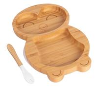 Tiny Dining Baby Fork & Plate with Suction Cup - Penguin - 2pc - White - Divided Non-Slip Bamboo Self-Feeding Weaning Plate & Cutlery for Babies, Toddlers, Children