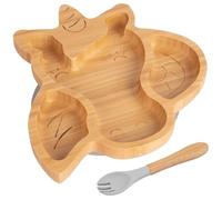 Tiny Dining Baby Fork & Plate with Suction Cup - Unicorn - 2pc - Grey - Divided Non-Slip Bamboo Self-Feeding Weaning Plate & Cutlery for Babies, Toddlers, Children