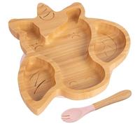 Tiny Dining Baby Fork & Plate with Suction Cup - Unicorn - 2pc - Pastel Pink - Divided Non-Slip Bamboo Self-Feeding Baby Weaning Plate & Cutlery for Babies, Toddlers, Children
