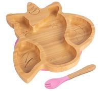 Tiny Dining Baby Fork & Plate with Suction Cup - Unicorn - 2pc - Pink - Divided Non-Slip Bamboo Self-Feeding Weaning Plate & Cutlery for Babies, Toddlers, Children