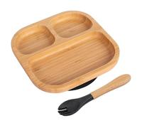 Tiny Dining Baby Plate & Fork Set - Black - 2pc - Segmented - Divided Non-Slip Bamboo Self-Feeding Weaning Plate & Fork for Babies, Toddlers & Children