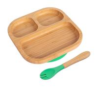 Tiny Dining Baby Plate & Fork Set - Green - 2pc - Segmented - Divided Non-Slip Bamboo Self-Feeding Weaning Plate & Fork for Babies, Toddlers & Children