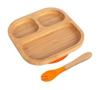 Tiny Dining Baby Plate & Fork Set - Orange - 2pc - Segmented - Divided Non-Slip Bamboo Self-Feeding Weaning Plate & Fork for Babies, Toddlers & Children