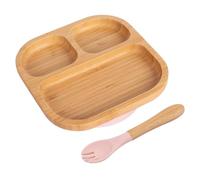 Tiny Dining Baby Plate & Fork Set - Pastel Pink - 2pc - Segmented - Divided Non-Slip Bamboo Self-Feeding Weaning Plate & Fork for Babies, Toddlers & Children