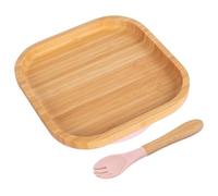 Tiny Dining Baby Plate & Fork Set - Pastel Pink - 2pc - Square - Divided Non-Slip Bamboo Self-Feeding Weaning Plate & Fork for Babies, Toddlers & Children