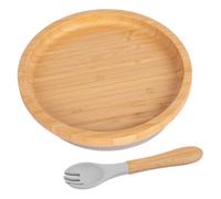 Tiny Dining Bamboo Round Baby Weaning Plate & Fork Set - Grey