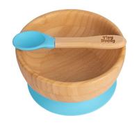 Tiny Dining Bamboo Suction Bowl & Spoon - Blue - Bamboo Baby Toddler Dinner Dessert Cereal Bowl & Silicone Spoon Weaning Set