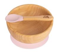 Tiny Dining Bamboo Suction Bowl & Spoon - Pastel Pink - Bamboo Baby Toddler Dinner Dessert Cereal Bowl Silicone Spoon Weaning Set