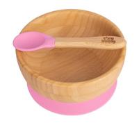Tiny Dining Bamboo Suction Bowl & Spoon - Pink - Bamboo Baby Toddler Dinner Dessert Cereal Bowl & Silicone Spoon Weaning Set
