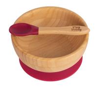 Tiny Dining Bamboo Suction Bowl & Spoon - Red - Bamboo Baby Toddler Dinner Dessert Cereal Bowl & Silicone Spoon Weaning Set