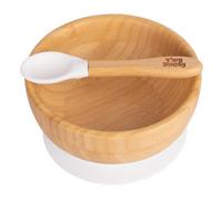 Tiny Dining Bamboo Suction Bowl & Spoon - White - Bamboo Baby Toddler Dinner Dessert Cereal Bowl & Silicone Spoon Weaning Set
