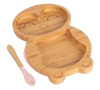 Tiny Dining Bamboo Weaning Plate & Fork Set - Penguin/pastel Pink - Divided Non-Slip Bamboo Self-Feeding Weaning Plate & Cutlery