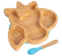 Tiny Dining Bamboo Weaning Plate & Fork Set - Unicorn/blue - Divided Non-Slip Bamboo Baby Self-Feeding Weaning Plate & Cutlery