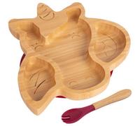 Tiny Dining Bamboo Weaning Plate & Fork Set - Unicorn/red - Divided Non-Slip Bamboo Baby Self-Feeding Weaning Plate & Cutlery