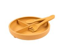 Tiny Dining Silicone Suction Plate, Fork & Spoon Set - Ochre - Silicone Baby Feeding Set For Babies, Toddlers & Kids