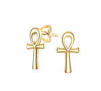 Tiny Egyptian Ankh Cross Stud Earrings Rose Gold Plated Sterling Silver | Devotional Symbolism, Faith Inspired, Polished Finish, Lightweight Comfort, Rhodium Protection, Petite Profile,