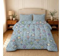 Tiny Fine Ditsy Floral Duvet Double - Coverless Duvet 4.5 Tog with Vibrant Cartoon, Soft Lightweight Comforter Set for All Season, 1 Summer Quilt Double 200x200cm with 2 Pillowcases, Pale blue U212