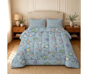 Tiny Fine Ditsy Floral Duvet Single - Coverless Duvet 4.5 Tog with Vibrant Cartoon, Soft Lightweight Comforter Set for All Season, 1 Summer Quilt Single 135x200cm with 2 Pillowcase, Pale blue U212