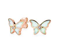 Tiny Garden Insect Inlay Gemstone White Created Opal Butterfly Stud Earrings For Women Teen Rose Gold Plated .925 Sterling Silver October Birthstone