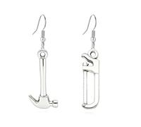 Tiny Hammer and Hand Saw Dangle Earrings for women men Unique Asymmetric Gothic Punk Halloween Daily Wear Cosplay Party, L, Alloy Steel, No Gemstone