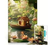 Tiny House Boat in A Pond Jigsaw Puzzles for Adults1000 Pieces Smart Toy Soothing Play Accurate Cut Art Collectible 50x75cm