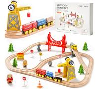 Tiny Land 55PCS Wooden Train Set - Compatible with Major Brand Tracks, Educational Toy for Toddlers & Kids Ages 3-7, Durable Wooden Railway Tracks