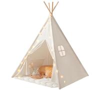 Tiny Land Kids Teepee Tent with Padded Mat & Light String& Carry Case- Kids Foldable Play Tent for Indoor Outdoor, Raw White Canvas Teepee - Kids Playhouse - Portable Kids Tent,Off-White 1.6m