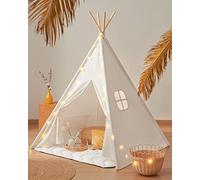Tiny Land Teepee Tent for Kids with Padded Mat, Light String & Carry Case, Foldable Play Tent for Indoor Outdoor, Washable Tipi Tent for Sleepover, Reading Nook, Portable Playhouse - Raw White Canvas