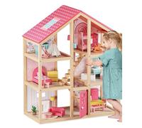 Tiny Land Wooden Dollhouse for Girls - 6 Rooms Wooden Doll House, DIY Pretend Dream House with 30Pcs Furniture Accessories, Gift for Girl Ages 3+