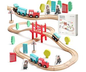 Tiny Land Wooden Train Set for Toddler with 39 Pcs Wooden Tracks