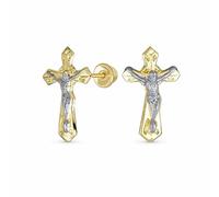 Tiny Minimalist Christian Religious Jesus Gold Crucifix Cross Real Two Tone Yellow Gold Stud Earring For Women Teen Safety Screw Back