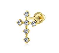 Tiny Minimalist Real Gold Helix Cartilage Ear Lobe Piercing Daith Religious Christian Catholic Cubic Zirconia Cross 1 Piece Stud Earring For Women Teen Screwback