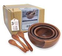 Tiny Nesting Round Wood Bowls Mix Size Stackable Acacia Wooden Bowl Set with Dia 2⅞", 3¾", and 4½" with 3 spoons for serving salad, fruit, dip sauce, salsa, snack, rice, pasta, cereal, Decor Nest Dish