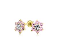 Tiny Pink CZ Flower Stud Earrings For Women For Teen Cubic Zirconia Simulated Pink Sapphire Real Gold Screw back
