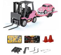 Tiny Rc Forklift, RC Forklift Truck Model, Mini Desktop Remote Control Forklift Truck Toy, 1/64 Mini Alloy Desktop RC, with Wireless Controller, Cargo Hook, Pallets, for Rc Hobbyists (Pink)