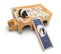 Tiny Royals Wooden Guinea Pig Hideout with Feeder, Assembled with Screws, Natural Wood House with Absorbent Fleece Mat, Accessories for cage, Sturdy Castle with Ramp Hideaway for Small Pets