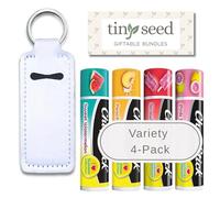 TINY SEED Set of 4 Chapsticks: Strawberry Ice Pop, Pink Lemonade, Peaches & Cream, Sweet Watermelon. Limited Edition by Chapstick I Love Summer Collection. Includes Lip Balm Holder Keychain (White)