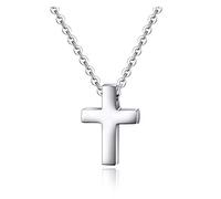 Tiny Simple Cross Pendant for Boy Girl Thin Neck Women Stainless Steel Small Necklace Christian Baptism Christmas Easter Prayer Faith Confirmation Children's Day Birthday Gift (Silver tone)