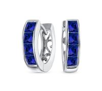Tiny Small Square Princess Cut Simulated Blue Sapphire CZ Channel Set K-pop Huggie Hoop Earrings For Women Men Cubic Zirconia .925 Sterling Silver