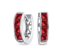 Tiny Small Square Princess Cut Simulated Ruby Red CZ Channel Set K-pop Huggie Hoop Earrings For Women Men Cubic Zirconia .925 Sterling Silver