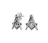Tiny Square And Compass Masonic Freemason Stud Earrings For Women For Men Oxidized .925 Sterling Silver