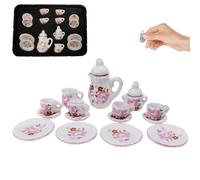 Tiny Tea Set, 15PCS 1:12 Scale Miniature Tea Set, Porcelain Mini Cups, Teapot, Plates Rose Pattern Dollhouse for Doll House Kitchen Style 3 Miniature