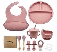 TINY TRENDSETTERS Baby Weaning Set - 11 Pcs BPA Free Silicone Feeding Set with Suction Plate & Bowl, Adjustable Bib, Spoon & Fork, Sippy Cup, Fruit Feeder & Toothbrush 6M+